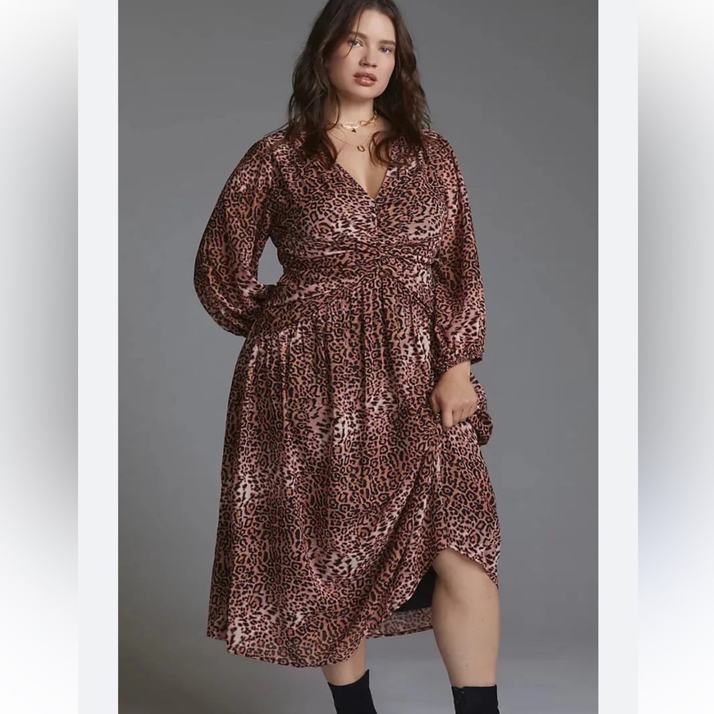ANTHROPOLOGIE RANNA GILL Leopard Cut Out Midi Dress 2X Women Long Sleeve Cheetah